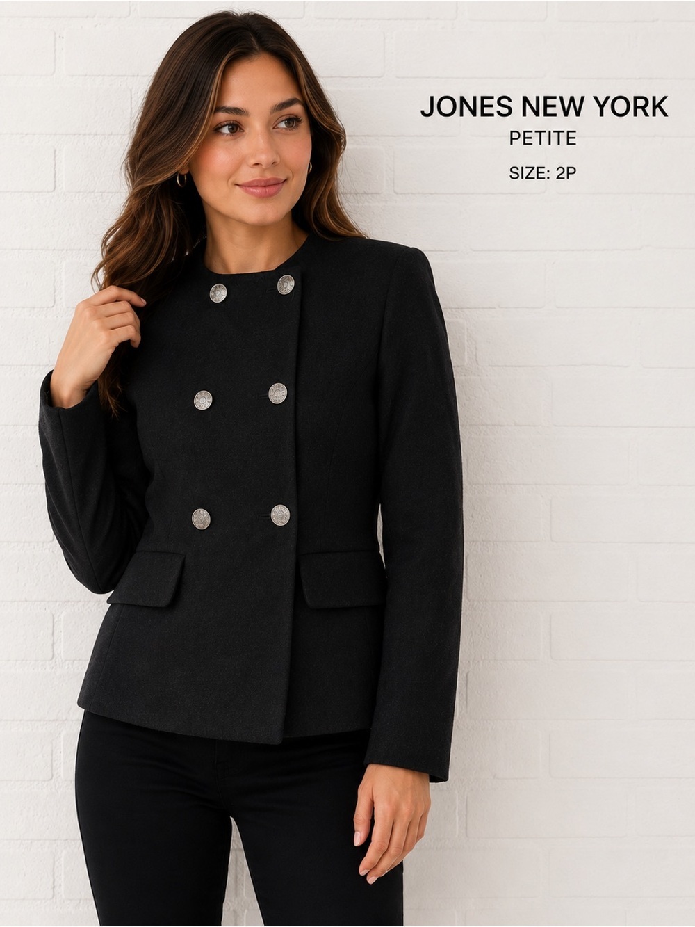 Jones New York Petite Black Wool Double Breasted Jacket Size 2P Made in USA